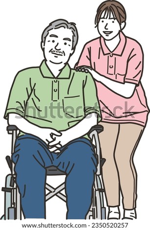 Female caregiver and senior man on wheelchair
