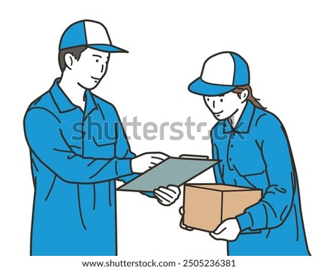 Male and female delivery workers having a conversation