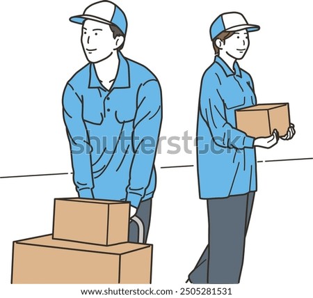 Male and female delivery drivers carrying cardboard boxes on a trolley