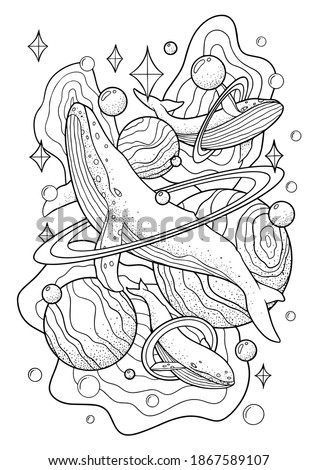Coloring pages for kids of a whale and a planet