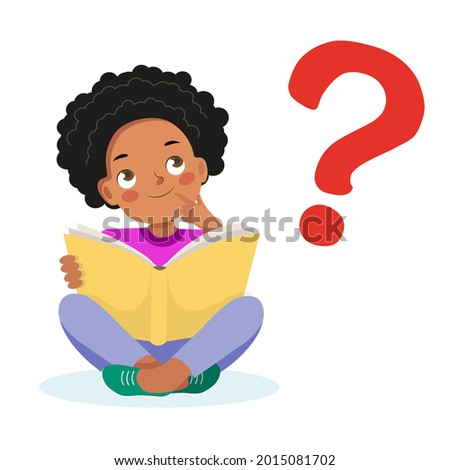 Little african american girl with book on the background of a question mark mark. Funny cartoon character. Vector illustration. Isolated on white background