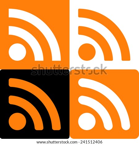Orange And White Set Of Four Web Rss Feed Sign. Square Shape Icons On Black And White And Orange Background. Vector Illustration 10 EPS
