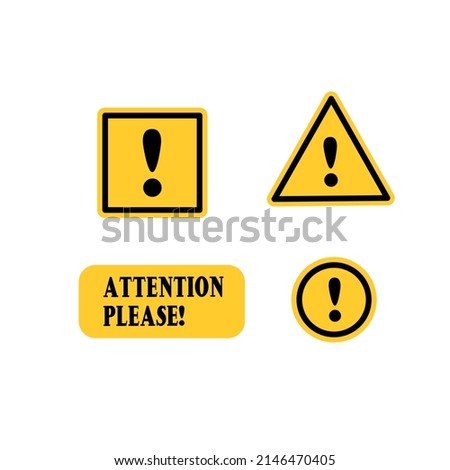 Attention sign set vector image.
Yellow Warning Dangerous attention icon vector, danger symbol, filled flat sign, solid pictogram, isolated on white. Exclamation mark triangle symbol, logo.