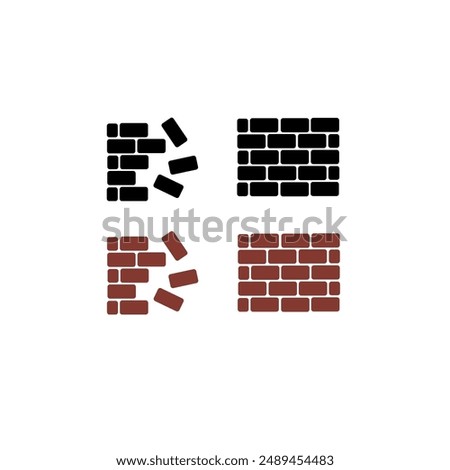 simple under construction icon, vector flat design unsafe building break down brick wall with falling bricks broken. simple square strong brick wall pieces icon, building structure pattern flat vector