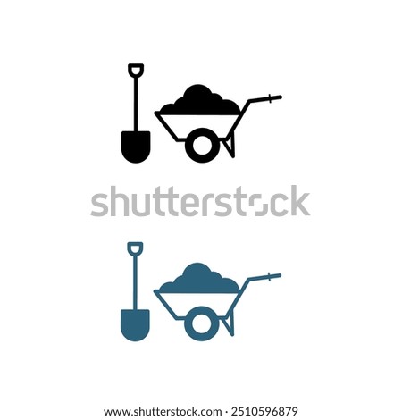 Dirt carrier with spade.wheelbarrow in modern style, dirt carrier vector, farming equipment icon of wheel barrow, construction cart.Wheelbarrow cart icon. Line, glyph and outline colorful version.