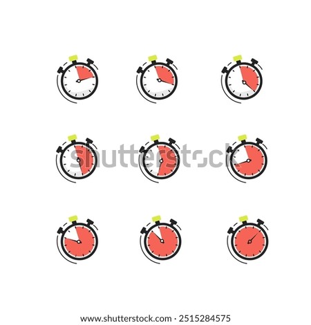 Timer showing different time frame vector image.Timer, clock, stopwatch isolated set icons with different time. Countdown timer symbol icon set. Sport clock with red colored time meaning.