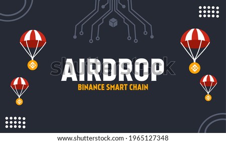 binance smart chain airdrop on black background with parachute, modern ornament.  illustration for crypto airdrop, financial future.  simple flat minimalist vector eps 10