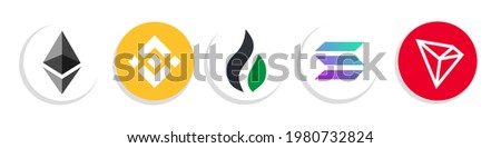 Crypto coins that have their own blockchain.  Illustration for cryptocurrency coin icon.  Binance, huobi, ethereum, tron, solana.  Minimalist flat design vector eps10