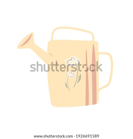 Metal watering can with floral print vector. Gardening yellow watering pot for outdoor and indoor plants watering illustration. Garden tools graphic object isolated on a white background.