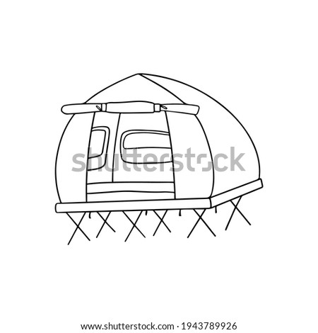 Tent camping cot doodle vector. Portable folding camp bed with air mattress and pillow, outline illustration. Double tent bed on iron foots with see-through windows, sunshade. 
