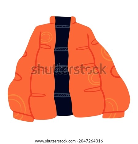 Orange puffer jacket autumn clothes vector. Down Jacket unisex style on white background. Winter coat illustration. Fall fashion outwear