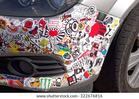 MOSCOW, RUSSIA - September 26, 2015: car stickers cover the crumpled bumper car