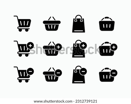 Minimalistic filled cart types icons. Add to cart and remove from cart icons with different types of basket.