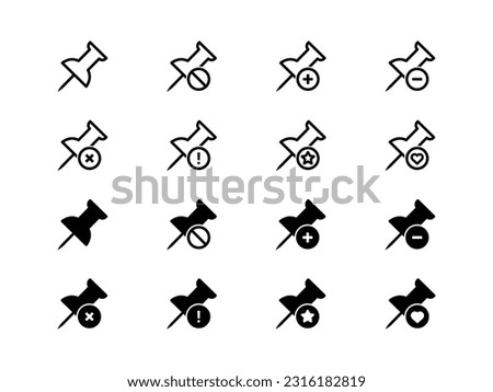 Push pin actions interface vector icons set. Unfasten, add pin, minus pin, delene pin, favorite and like pins icons.