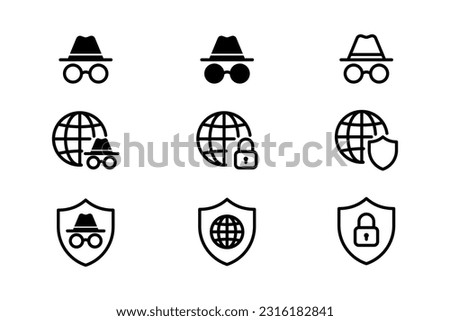 Set of hat with glasses icons, incognito mode icon, sefety and protected connection to network vector icons. Browse in private mode.