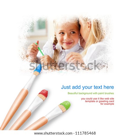 White background with three paintbrushes painting portrait of two happy little girls educating in classroom