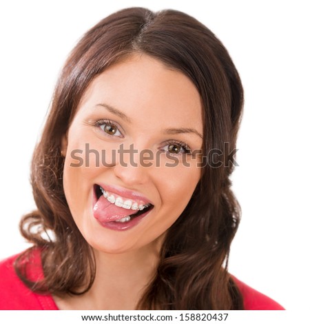 Closeup Portrait Of Charming Woman Wearing Orthodontic Braces And ...