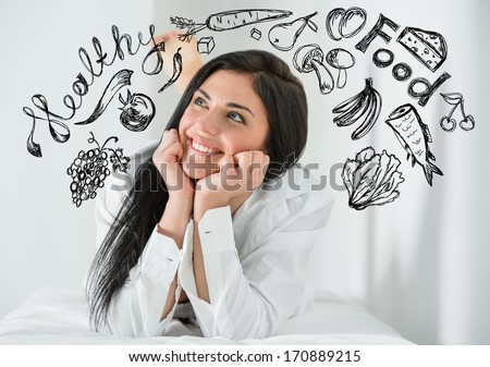 Young pretty woman thinking of healthy food closeup face portrait and sketches overhead