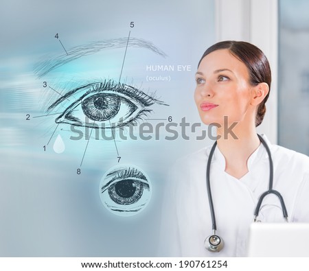 Female medical doctor working with virtual interface examining human eye