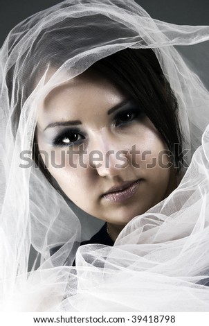 Young brunette asian style: posing with veil