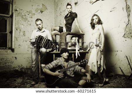 Tango passion photo. Dancers and musicians band