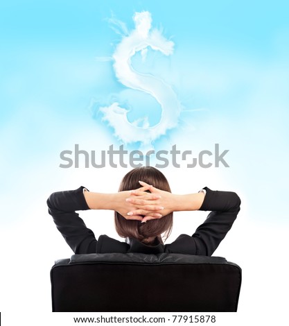 Closeup portrait of cute young relaxed business woman from behind with open hands behind her head. Dreaming about success and money concept