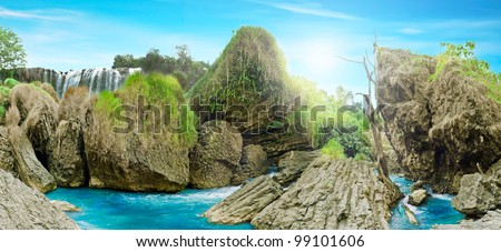 Beautiful panoramic landscape view of wild forest and waterfall, Dalat, Vietnam