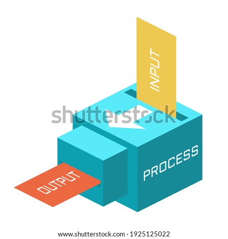 isometric illustration of the production process in the form of input that is entered into the machine into output