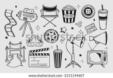 Movie theater set of elements hand-drawn with a line for festivals and holidays Vector illustration in the style of a doodle isolated on a gray 