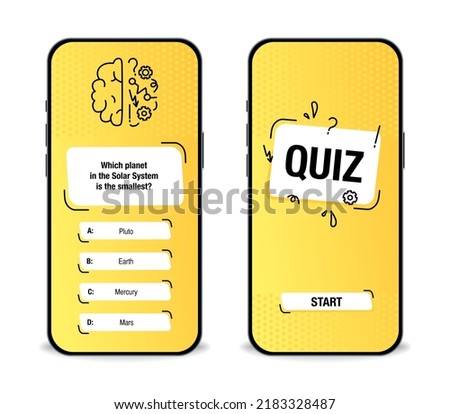 The template of the mobile application interface for the quiz on a yellow background. Test, exam, questions and answers for a TV show. Vector illustration 