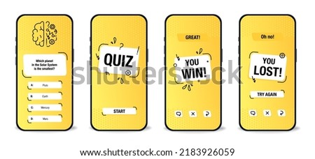 The template of the mobile application interface for the quiz on a yellow background. Test, exam, questions and answers for a TV show. Vector illustration 