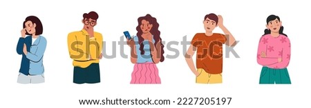 Men and women in doubt and thoughts. Confused thoughtful people worry with a serious expression on their face. Indeterminate characters. Vector illustration flat isolated white 