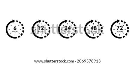 6, 12, 24, 48, 72 hours clock arrow, vector work time icons. Delivery and service time