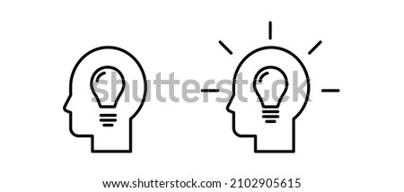 Line person profile face, head thinking with lightbulb vector icons set. Inspiration creative idea, Solution and innovation, knowledge