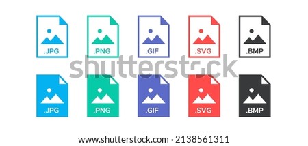 Image file formats vector icons set. JPG, PNG, GIF, SVG, BMP file document symbol