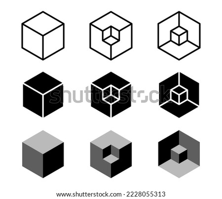 Cube isometric vector icon set. 3d cube object geometric shapes. Outline isometric cube symbol