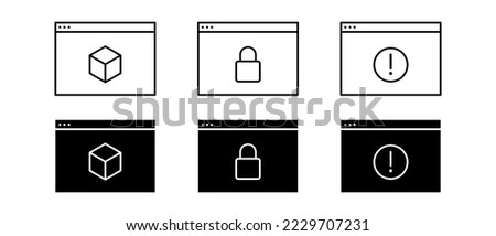 Browser window vector icon set. Browser augmented reality, locked, warning alert symbol. AR vector illustration
