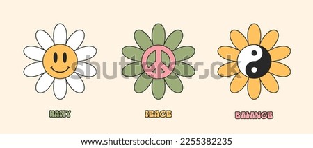 Yin yang symbol with flower for love. yin yang, happy face and peace symbol. Cartoon illustration or print for t-shirt design