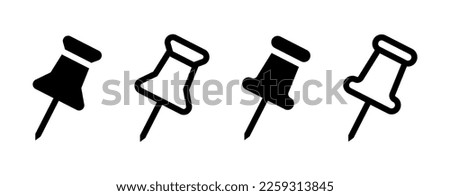 Push pins vector icon set. Pin for notes in different angles symbol. Linear pins sign