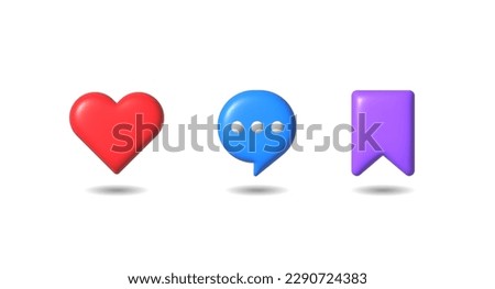 3d social media icons set. Heart, like comment, share, add, save in 3d style. Digital marketing and advertising sign. 