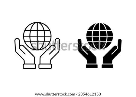 Hand with globe vector icon set. Globus symbol. Peace sign