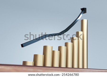 Gold coins money stack rising with arrow pointing up