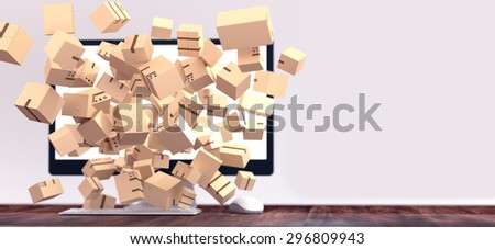 Lots of packages bursting out of computer screen. Online shopping concept illustration  with space for text.
