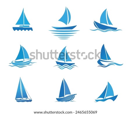 Creative Blue Yachts Boats Collection Set Logo Vector Design Icons Symbol Illustration	