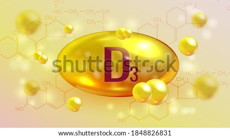 3d capcule of vitamin d3. Pharmacy background. Chemical formula of Сholecalciferol. Healphy nutrition background