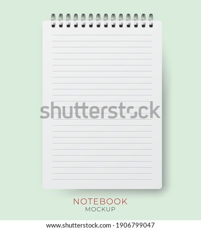 Realistic vector vertical notebook mockup with lined paper sheet. Spiral notepad blank mockup A4.