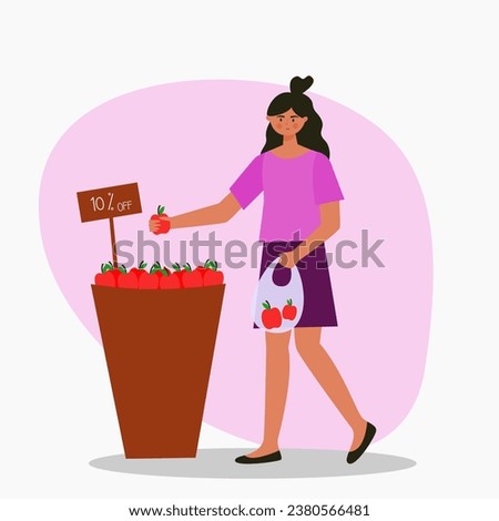 Woman buy an apple fruits vector illustration design. Girl shoping for discounted fruit illustration flat character.