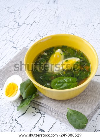 Traditional Spinach soup with egg and fresh spinach leaf on top