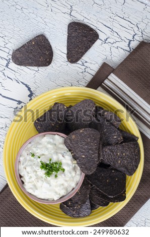 blue corn tortilla chips with ranch vegetable dip