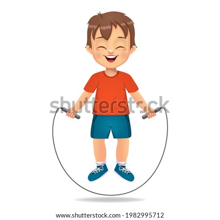 cute boy kid playing jumping rope, skipping rope